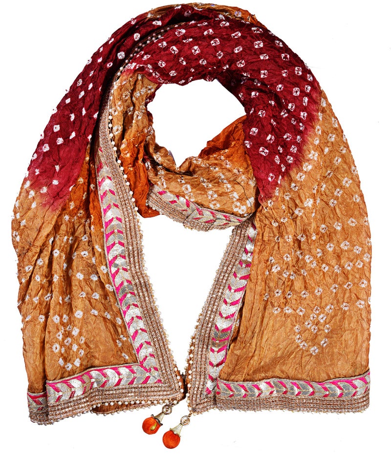 PK HUB Women's Silk Jaipuri Rajasthani Bandhani Bandhej Heavy Dupatta with Gota Work and Latkan - (Beige & Pink) (Free Size) - Image 1