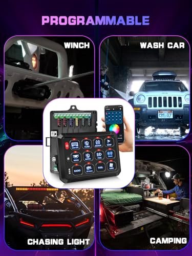 Chelhead 12 Gang Switch Panel APP Control RGB Dimmable Strobe Function Waterproof Control Cuircuit Box 80A Breaker Compatible with Truck SUV Offroad Marine Jeep 2 Year Warranty - Image 3