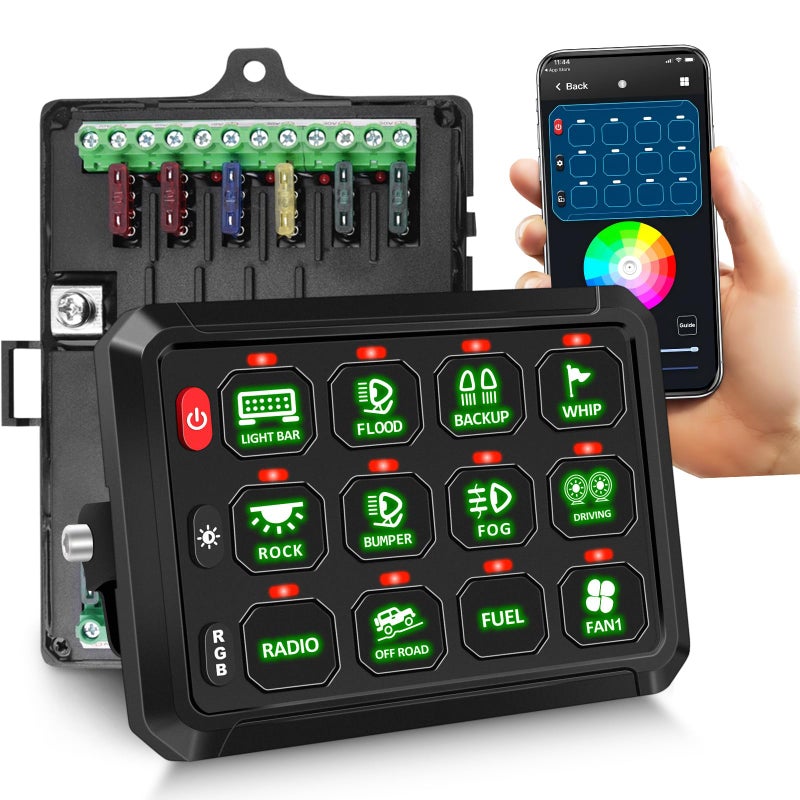 Chelhead 12 Gang Switch Panel APP Control RGB Dimmable Strobe Function Waterproof Control Cuircuit Box 80A Breaker Compatible with Truck SUV Offroad Marine Jeep 2 Year Warranty - Image 2