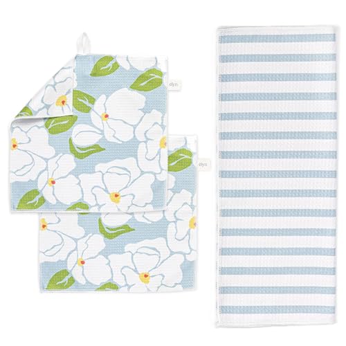 ELYN Microfiber Kitchen Dish Towel & Dish Cloth Set, Quick-Dry & Absorbent Waffle Weave Cleaning Cloths, Set of One Kitchen Towel & Two Washcloths, Paper Towels Alternative (Magnolias & Stripe) - Image 1