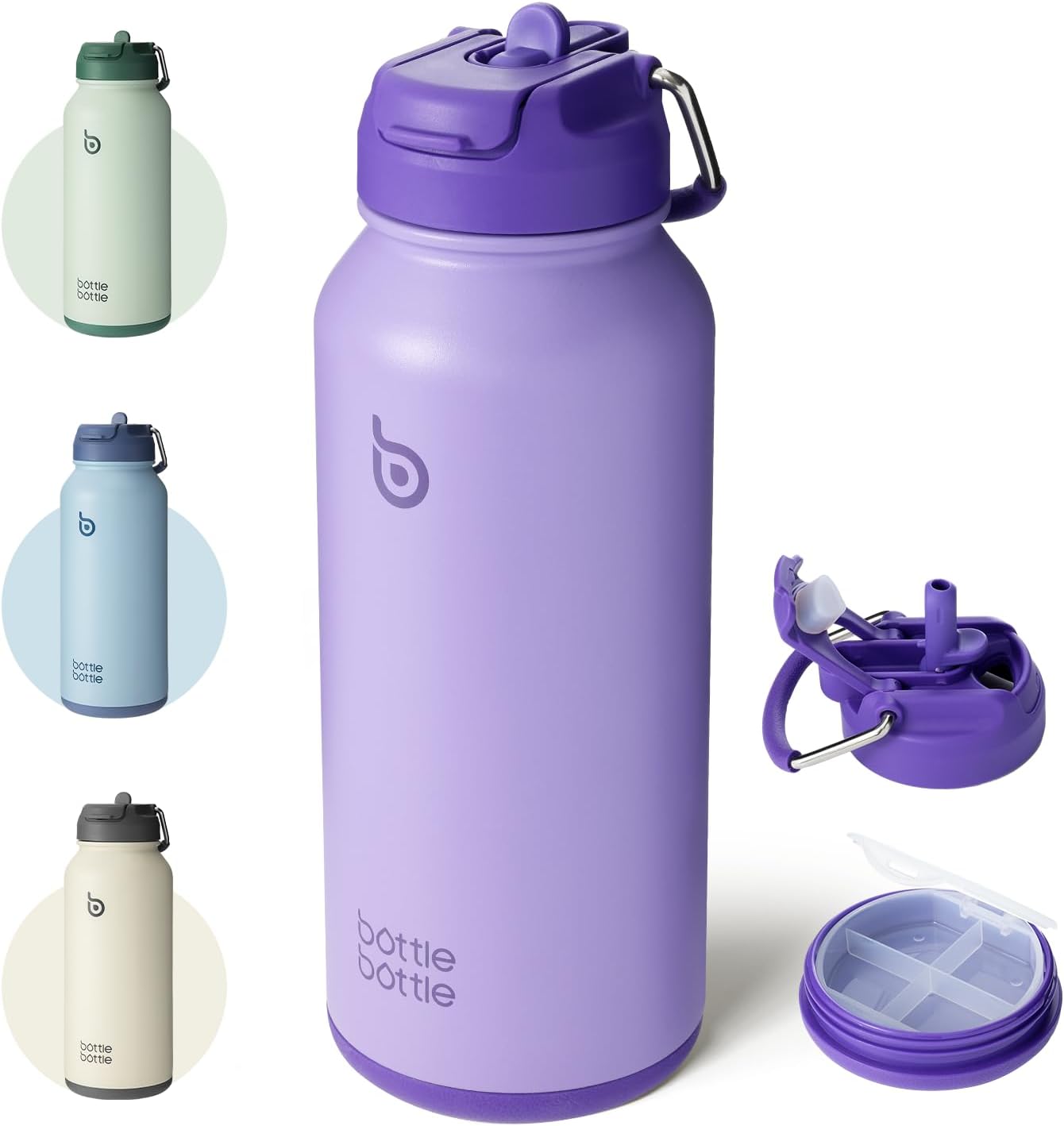 Insulated Stainless Steel Water Bottle 32oz capacity. Great for Sports, Travel & Gym. Includes Straw and Pill Box, Dual Use - Dark Purple