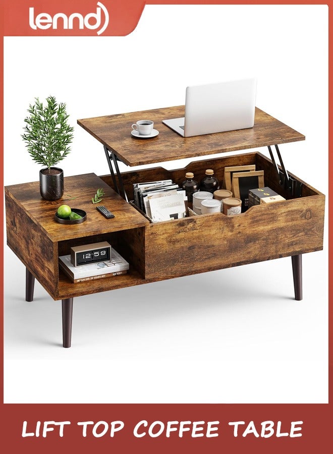LENND Wooden Coffee Table, Lift Top Coffee Table with Large Hidden Compartment and Ample Storage Shelf, Lift Tabletop Dining Table for Living Room, Home Small Space, Rustic - Image 1