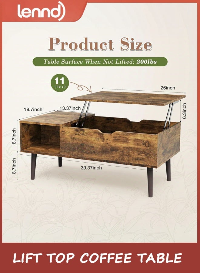 LENND Wooden Coffee Table, Lift Top Coffee Table with Large Hidden Compartment and Ample Storage Shelf, Lift Tabletop Dining Table for Living Room, Home Small Space, Rustic - Image 2
