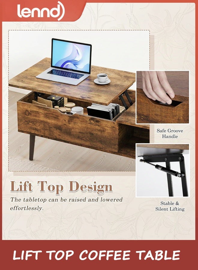 LENND Wooden Coffee Table, Lift Top Coffee Table with Large Hidden Compartment and Ample Storage Shelf, Lift Tabletop Dining Table for Living Room, Home Small Space, Rustic - Image 4