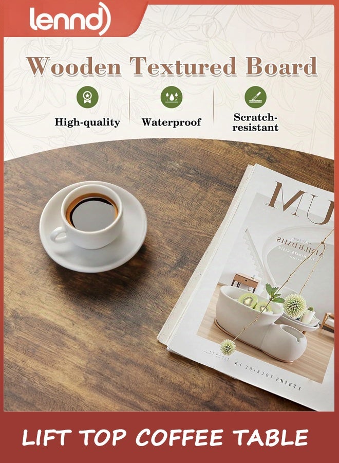 LENND Wooden Coffee Table, Lift Top Coffee Table with Large Hidden Compartment and Ample Storage Shelf, Lift Tabletop Dining Table for Living Room, Home Small Space, Rustic - Image 5