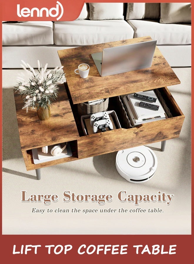 LENND Wooden Coffee Table, Lift Top Coffee Table with Large Hidden Compartment and Ample Storage Shelf, Lift Tabletop Dining Table for Living Room, Home Small Space, Rustic - Image 3