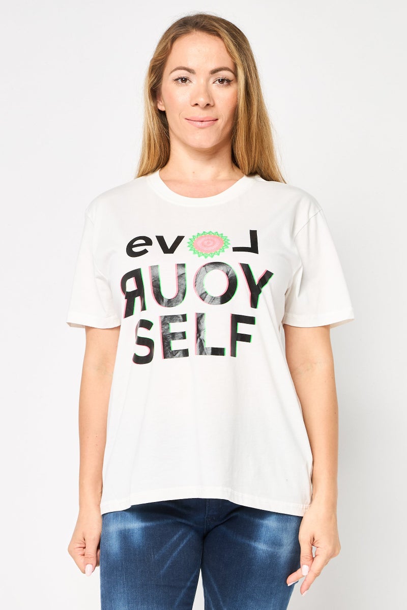 DESIGUAL Women Crew Neck Short Sleeve Graphic Print T-Shirt, White - Image 1