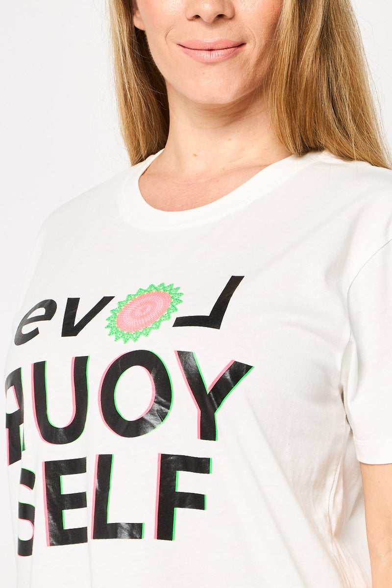 DESIGUAL Women Crew Neck Short Sleeve Graphic Print T-Shirt, White - Image 3