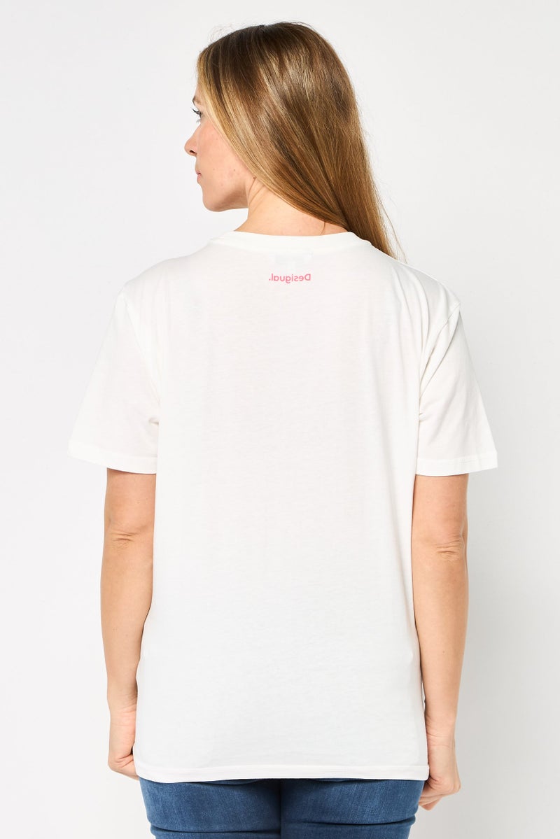 DESIGUAL Women Crew Neck Short Sleeve Graphic Print T-Shirt, White - Image 4