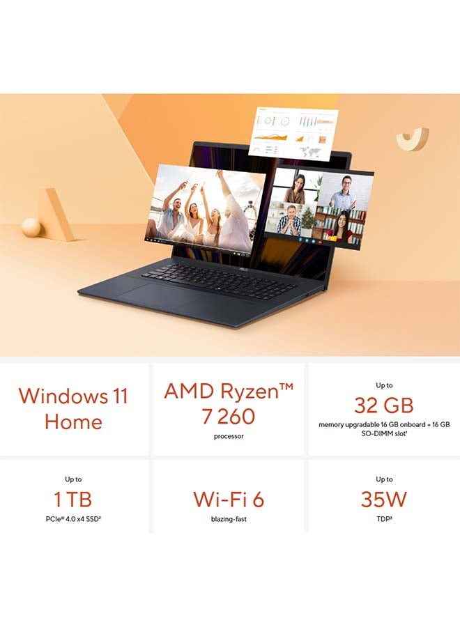 أسوس لاب توب فيفو بوك 18 بشاشة WUXGA (1920x1200) بحجم 18 بوصة، مع معالج AMD Ryzen 7260/ذاكرة RAM سعة 16GB DDR5/قرص SSD سعة 1TB/نظام ويندوز 11 هوم/رسومات AMD Radeon. - Image 4