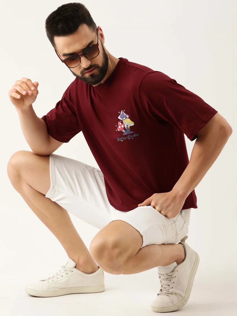Maniac Maniac Mens Printed Round Neck 3-4th Sleeve Maroon Cotton Boxy Fit Tshirt