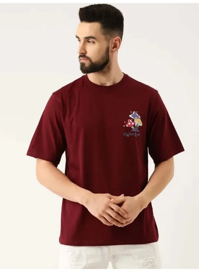 Maniac Maniac Mens Printed Round Neck 3-4th Sleeve Maroon Cotton Boxy Fit Tshirt