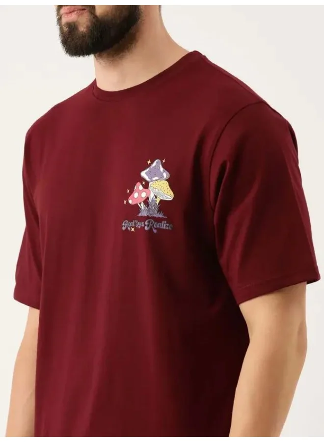 Maniac Maniac Mens Printed Round Neck 3-4th Sleeve Maroon Cotton Boxy Fit Tshirt