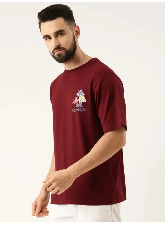 Maniac Maniac Mens Printed Round Neck 3-4th Sleeve Maroon Cotton Boxy Fit Tshirt