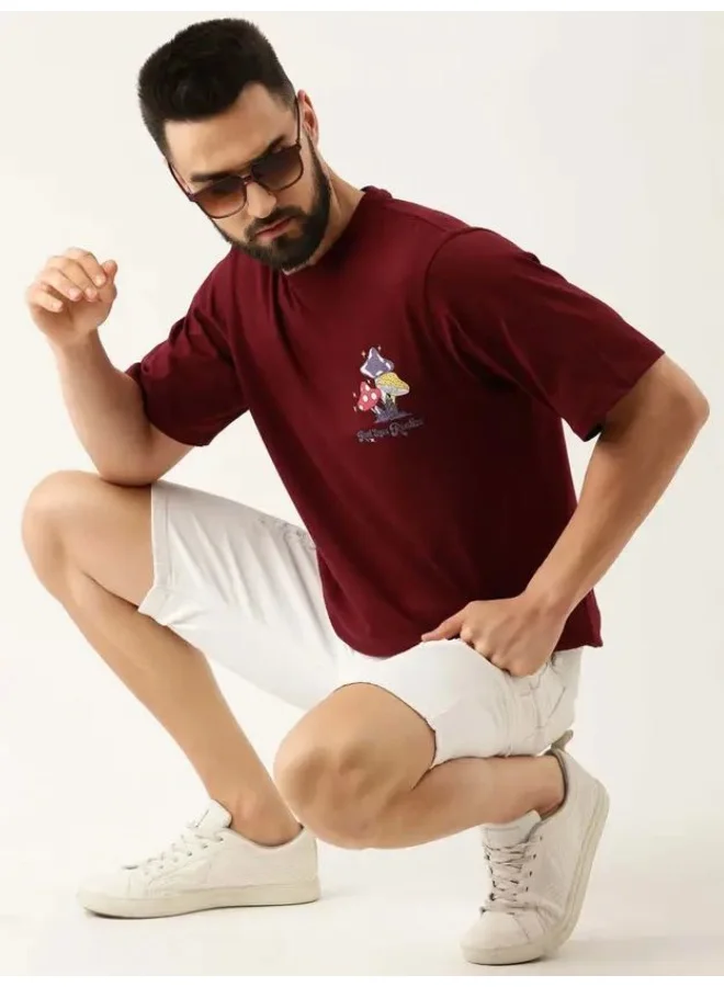 Maniac Maniac Mens Printed Round Neck 3-4th Sleeve Maroon Cotton Boxy Fit Tshirt