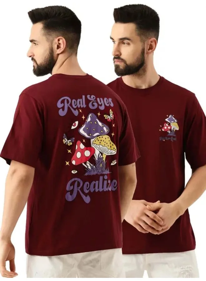 Maniac Maniac Mens Printed Round Neck 3-4th Sleeve Maroon Cotton Boxy Fit Tshirt