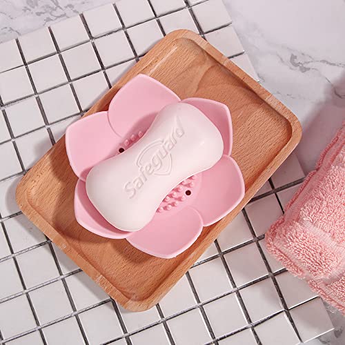 leuapl Soap Dishes with Draining, Bathroom Bar Soap Holder for Shower, Soap Tray for Kitchen Sink, Silicone Flower Shape Soap Saver for Counter, Bathtub. Extend Soap Life, Easy Dry (2 Pack, Pink + Blue) - Image 5