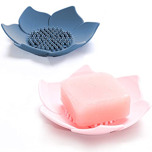 leuapl Soap Dishes with Draining, Bathroom Bar Soap Holder for Shower, Soap Tray for Kitchen Sink, Silicone Flower Shape Soap Saver for Counter, Bathtub. Extend Soap Life, Easy Dry (2 Pack, Pink + Blue) - Image 1