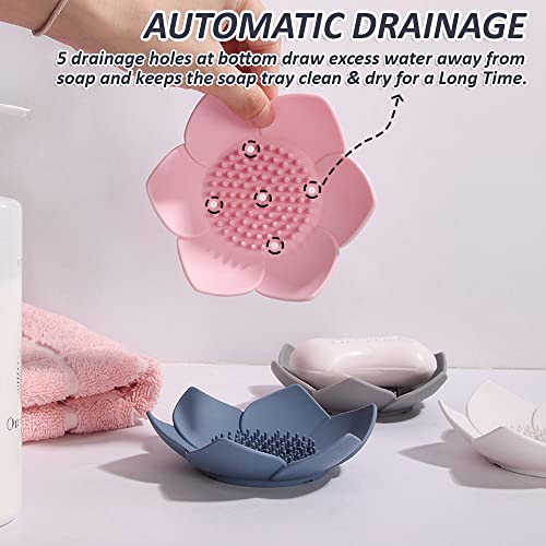 leuapl Soap Dishes with Draining, Bathroom Bar Soap Holder for Shower, Soap Tray for Kitchen Sink, Silicone Flower Shape Soap Saver for Counter, Bathtub. Extend Soap Life, Easy Dry (2 Pack, Pink + Blue) - Image 2