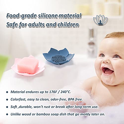 leuapl Soap Dishes with Draining, Bathroom Bar Soap Holder for Shower, Soap Tray for Kitchen Sink, Silicone Flower Shape Soap Saver for Counter, Bathtub. Extend Soap Life, Easy Dry (2 Pack, Pink + Blue) - Image 3