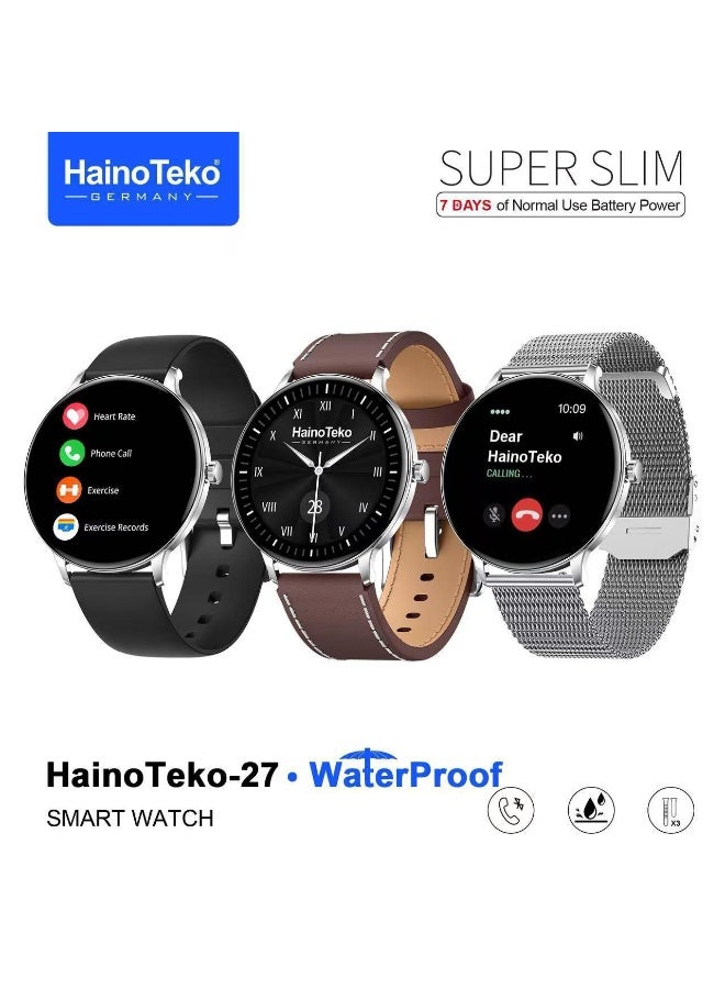 Haino Teko HainoTeko-27 Super Slim Waterproof Design Smart Watch With AMOLED Amoled Display Bluetooth Calling and 3 Pair Straps Designed for Ladies and Gents Silver