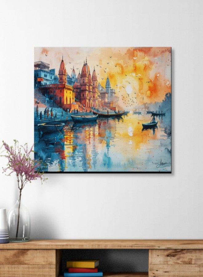 Artfluence لوحة فنية جدارية من قماش الكانفاس لغروب الشمس في فاراناسي من آرتفلوينس، لوحة لنهر الغانج، ديكور جداري لجدران غات بنارس، عمل فني ديني لغرفة المعيشة، مشهد للتأمل، ديكور منزلي، لوحة قماشية فاخرة مؤطرة مقاس 16 × 12 بوصة - Image 1