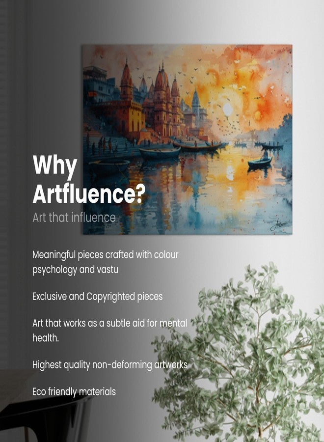 Artfluence لوحة فنية جدارية من قماش الكانفاس لغروب الشمس في فاراناسي من آرتفلوينس، لوحة لنهر الغانج، ديكور جداري لجدران غات بنارس، عمل فني ديني لغرفة المعيشة، مشهد للتأمل، ديكور منزلي، لوحة قماشية فاخرة مؤطرة مقاس 16 × 12 بوصة - Image 2