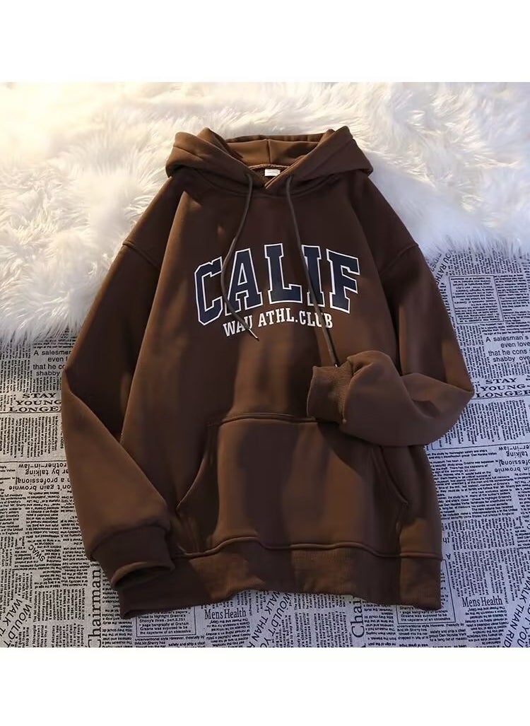 Generic - Autumn Winter Thick Fleece Hoodie Men Oversize Korean Loose Letter Sweatshirt Brown - Image 1