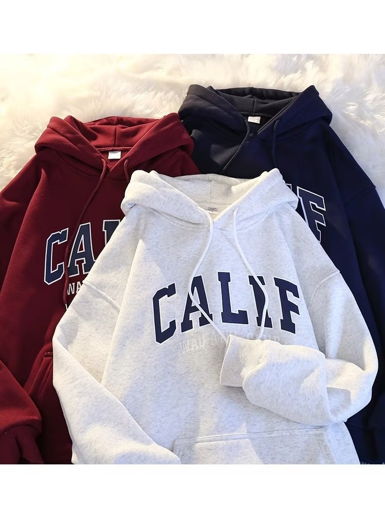 Generic - Autumn Winter Thick Fleece Hoodie Men Oversize Korean Loose Letter Sweatshirt Brown - Image 1