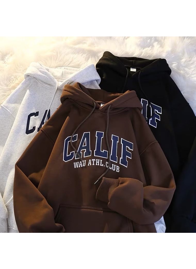 Generic - Autumn Winter Thick Fleece Hoodie Men Oversize Korean Loose Letter Sweatshirt Brown - Image 1