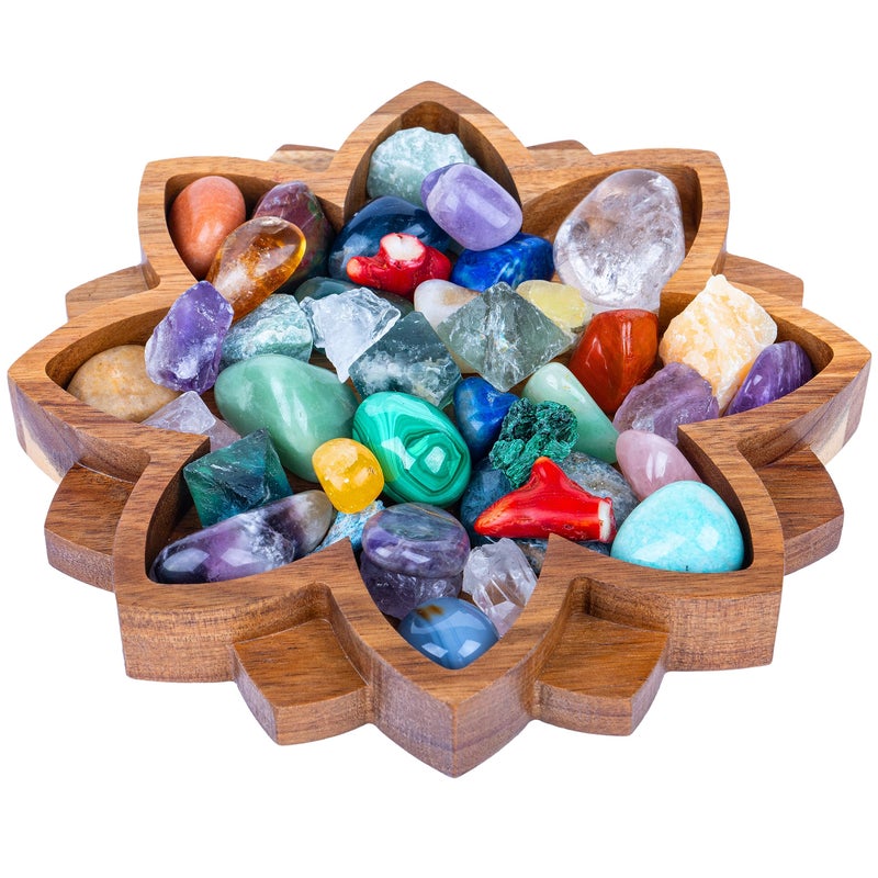 Curawood Curawood Lotus Crystal Display Tray  Showcase Your Gems Healing Stones  Treasures  8x8 Wooden Rock Bowl Crystal Holder for Stones Display Shelf Gemstone Rock Holder Charging Bowl Blossom 
