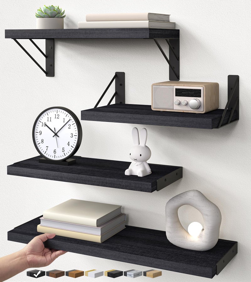 BAYKA Wall Mounted Floating Shelves, Wood Floating Wall Shelf for Books & Decor, Small Space-Saving Display & Organizerï¼ˆBlackï¼ŒSet of 4ï¼‰ - Image 1