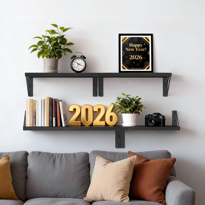 BAYKA Wall Mounted Floating Shelves, Wood Floating Wall Shelf for Books & Decor, Small Space-Saving Display & Organizerï¼ˆBlackï¼ŒSet of 4ï¼‰ - Image 2