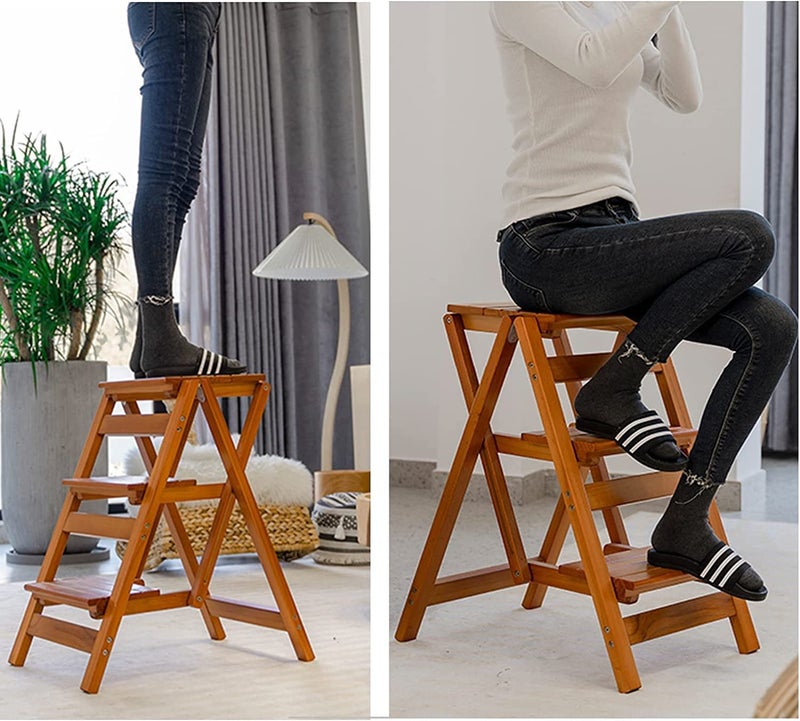 Wooden Folding Library Ladder Chair2 in 1 Lightweight Portable Multifunctional Step Stool 4Step Stool Dual Purpose Stepladders Display Stand and Flower Stand for Home V39 - Image 3
