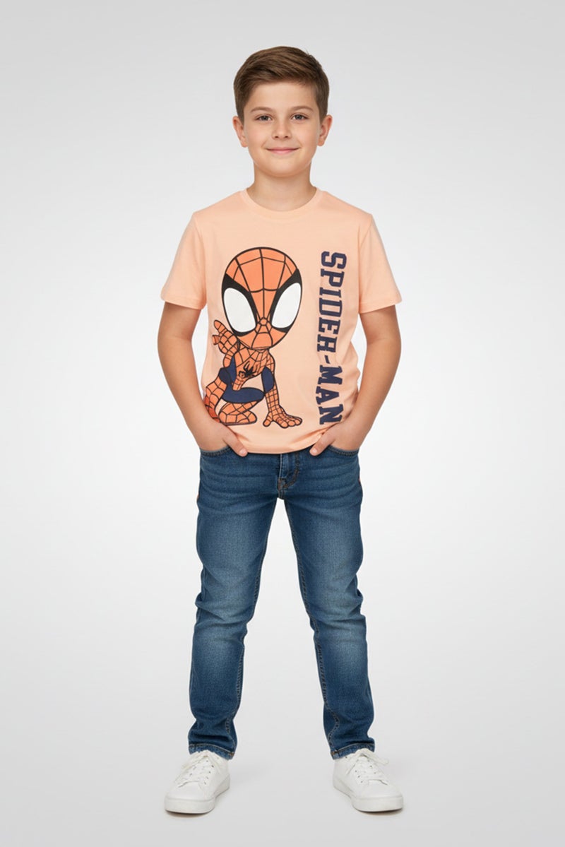 MARVEL Spidey Amazing Friends Kid Boy Crew Neck Short Sleeve Graphic Print T-Shirt, Peach - Image 1