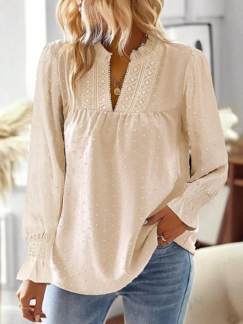 Falechay Plus Size Tops for Women Dressy Casual Long Sleeves Western Womens Blouses V Neck Ruffle Sleeve Winter Shirts Business Tunic Cute Swiss Dot Boho Top Bohemian Flowy Shirt Apricot 2XL - Image 2