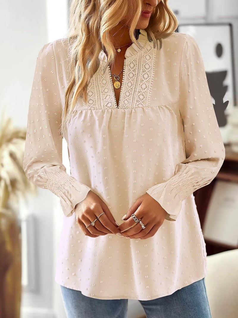 Falechay Plus Size Tops for Women Dressy Casual Long Sleeves Western Womens Blouses V Neck Ruffle Sleeve Winter Shirts Business Tunic Cute Swiss Dot Boho Top Bohemian Flowy Shirt Apricot 2XL - Image 5