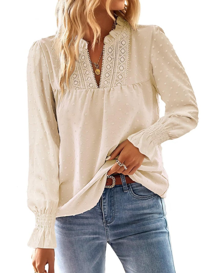 Falechay Plus Size Tops for Women Dressy Casual Long Sleeves Western Womens Blouses V Neck Ruffle Sleeve Winter Shirts Business Tunic Cute Swiss Dot Boho Top Bohemian Flowy Shirt Apricot 2XL - Image 1