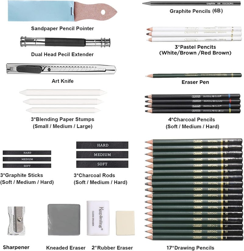 Like-It Professional Art Set, 42 PCS Drawing and Sketching Set- Drawing, Sketching and Charcoal Pencils. Kneaded Eraser Included. Art Kit for Beginners, Teens and Adults - Image 2