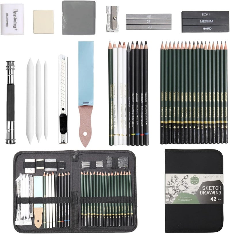 Like-It Professional Art Set, 42 PCS Drawing and Sketching Set- Drawing, Sketching and Charcoal Pencils. Kneaded Eraser Included. Art Kit for Beginners, Teens and Adults - Image 1
