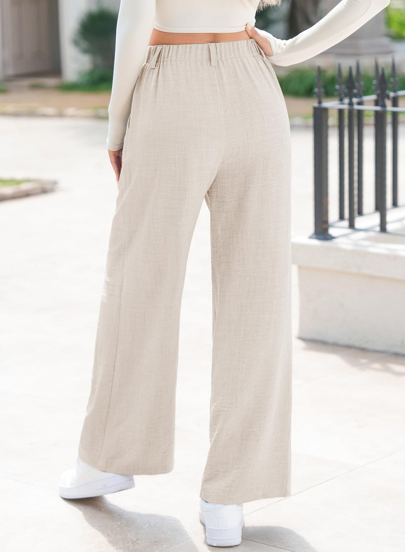 EVALESS Womens Linen Texture Work Pants Summer Wide Leg Business Casual Trousers Elastic High Waisted Flowy Palazzo Pants Ladies Spring Baggy Comfy Slacks with Pockets Beige Medium - Image 3