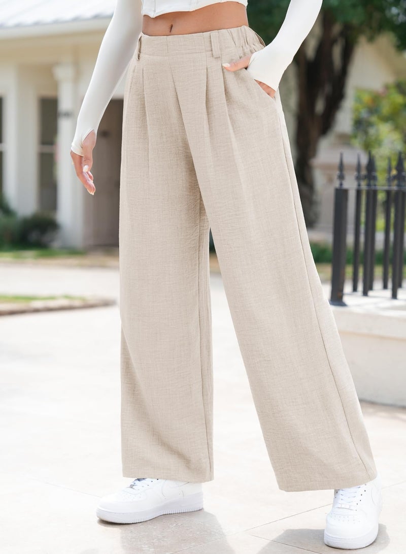 EVALESS Womens Linen Texture Work Pants Summer Wide Leg Business Casual Trousers Elastic High Waisted Flowy Palazzo Pants Ladies Spring Baggy Comfy Slacks with Pockets Beige Medium - Image 2