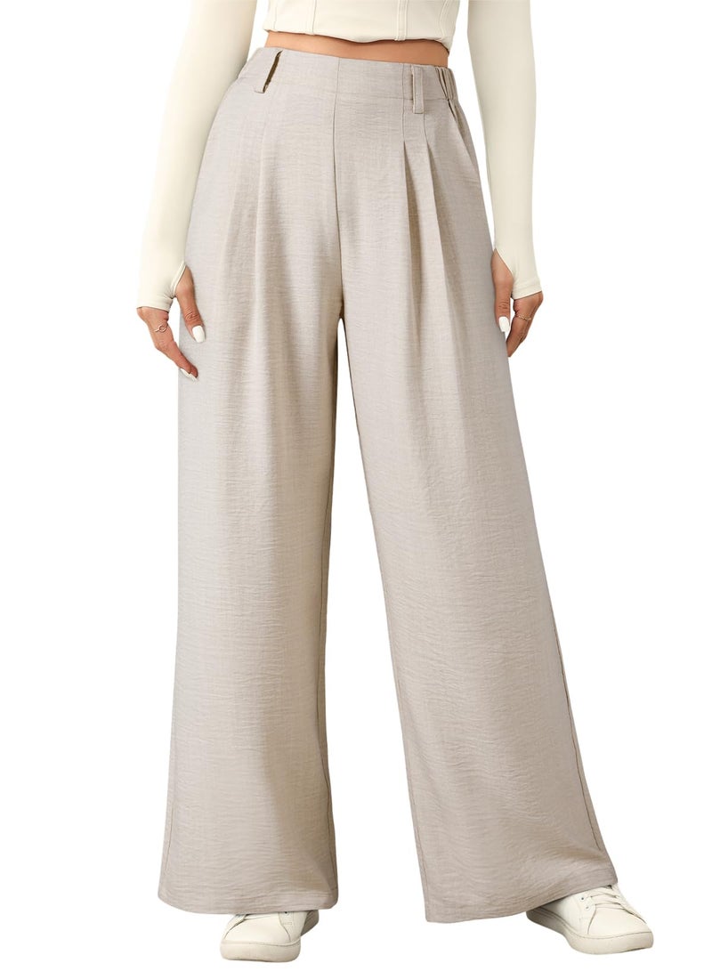 EVALESS Womens Linen Texture Work Pants Summer Wide Leg Business Casual Trousers Elastic High Waisted Flowy Palazzo Pants Ladies Spring Baggy Comfy Slacks with Pockets Beige Medium - Image 1