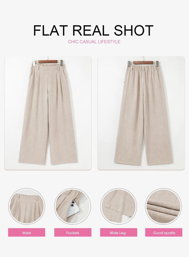 EVALESS Womens Linen Texture Work Pants Summer Wide Leg Business Casual Trousers Elastic High Waisted Flowy Palazzo Pants Ladies Spring Baggy Comfy Slacks with Pockets Beige Medium - Image 5