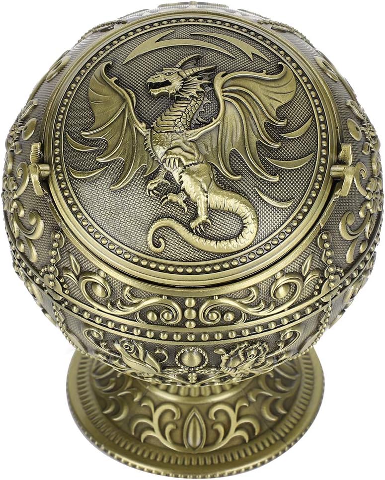 klarako Ashtray Stand Ashtray, Vintage Windproof Ashtray with Lid, Hand Stamped Dragon Pattern Cigarettes Ashtray for Home Club Room Hotel - Image 5
