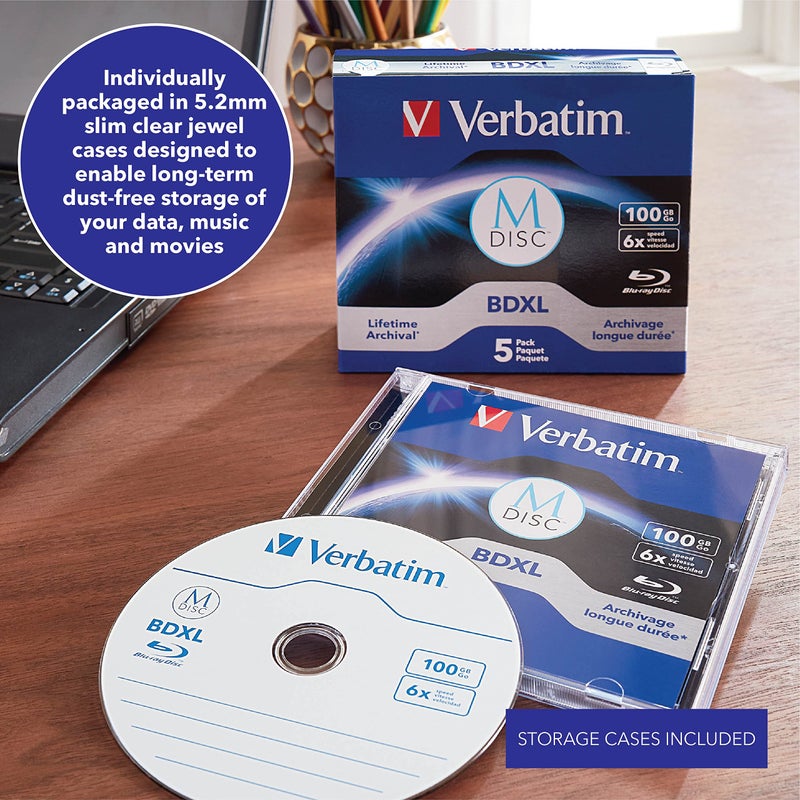 Verbatim M DISC BDXL 100GB 6X with Branded Surface Blank Blu-Ray Recordable Media â€“ 5pk Jewel Case Box,Blue - Image 3