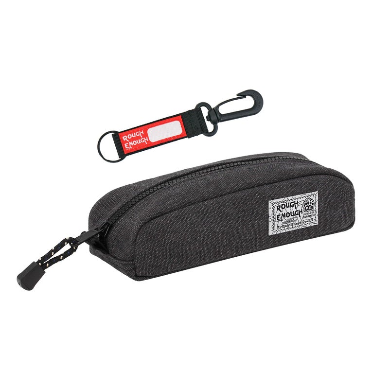 RE ROUGH ENOUGH Rough Enough Small Pencil Case for Girls Boys Adults Canvas Pencil Pouch for School Office Stationary Art Supplies with Detachable Keychian Black