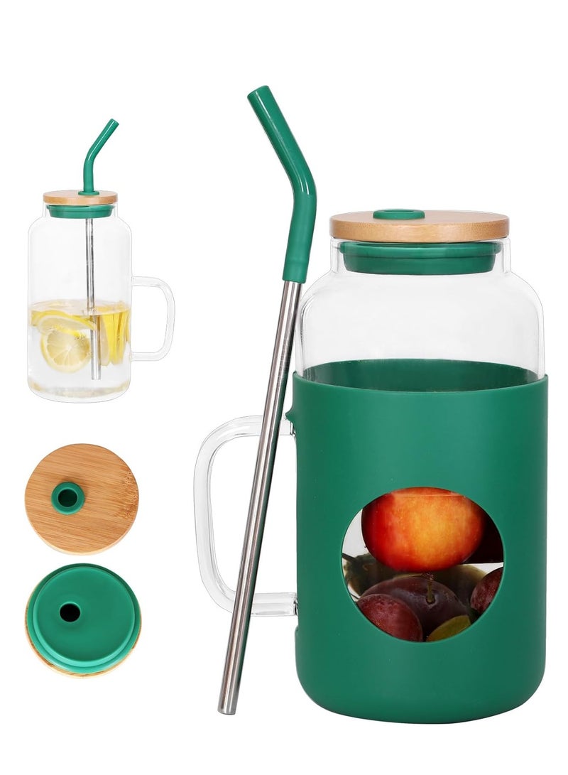 Water Bottles Glass Tumbler with Bamboo Lid and Straw with Handle Silicone and Scale Mug Cup Drinking Glasses Heat and Cold Resistant Spill Proof or Travel Gifts 1500ML  - Image 1