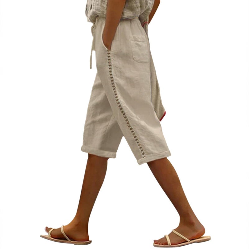 Puimentiua Women Linen Shorts Casual Knee Length Bermuda Shorts with Hollow Side Summer Beach Lightweight Capri Pants Khaki - Image 1