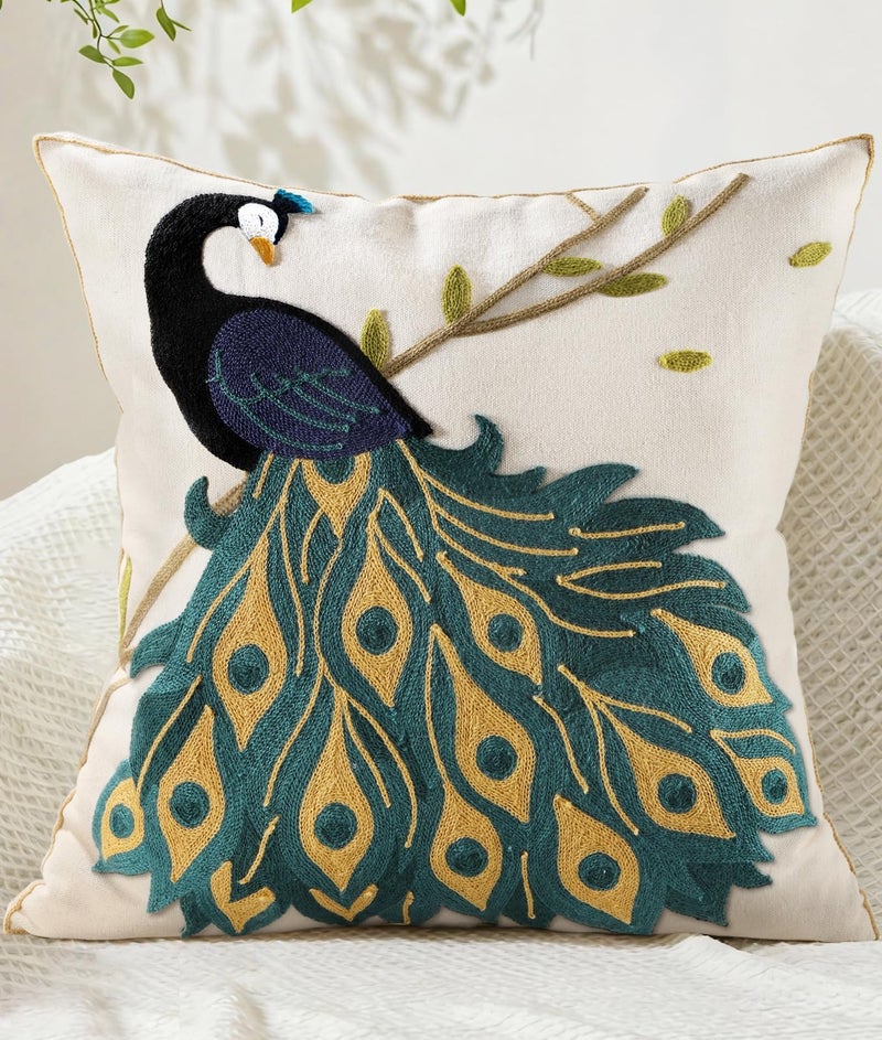Kokaaee Embroidered Throw Pillow Cover 18x18 Inch - Spring Boho Decorative Animal Pillow Covers with Zipper for Couch Sofa Bedroom Living Room Cushion Pillowcase, Peacock - Image 1
